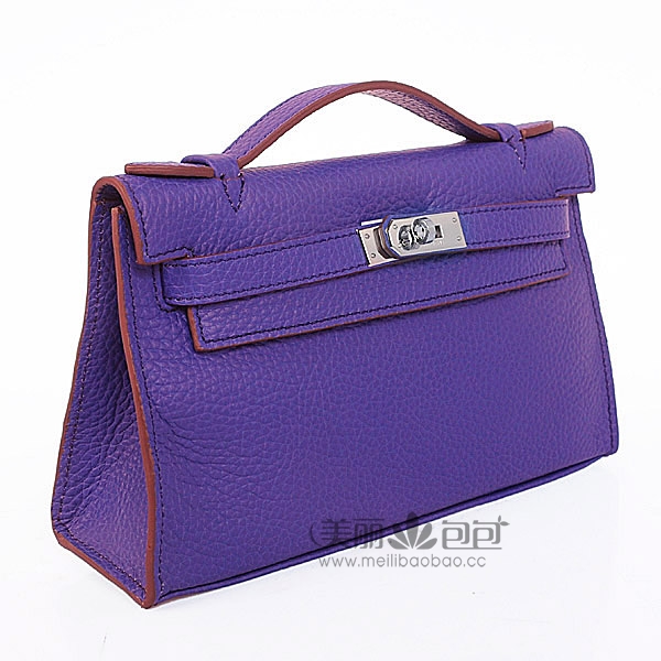 hermes Kelly 22cm紫蓝色荔纹女包 小号银扣爱马仕凯莉包