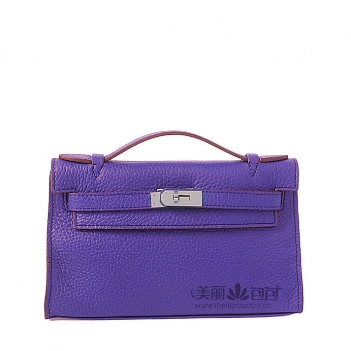 hermes Kelly 22cm紫蓝色荔纹女包 小号银扣爱马仕凯莉包