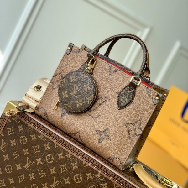 lv onthego 25小号手袋 tote老花购物袋 绣字宽肩带M46373