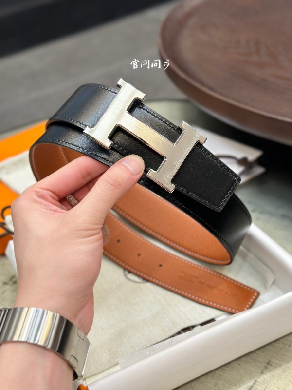 hermes belt爱马仕经典H扣腰带 双面牛皮 金棕拼黑色 拉丝银扣 型男必备