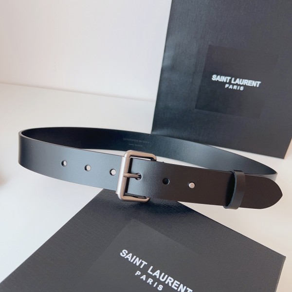 ysl belt 3.5cm 圣罗兰女士宽版腰带 复古针扣 光滑平纹牛皮 黑银色