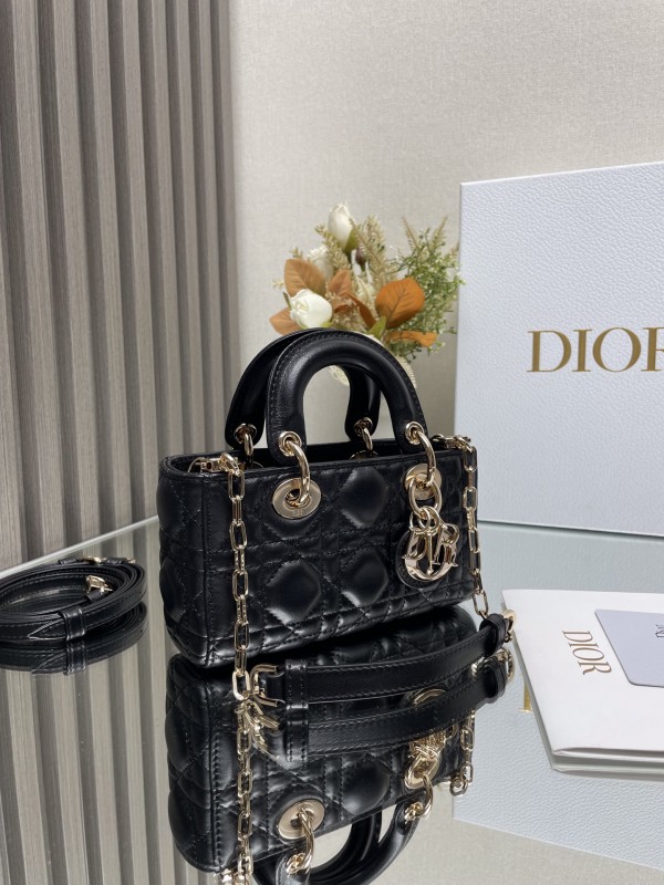 金智秀同款 dior Lady D−Joy迪奥迷你包 横款戴妃包 黑金色羊皮0910